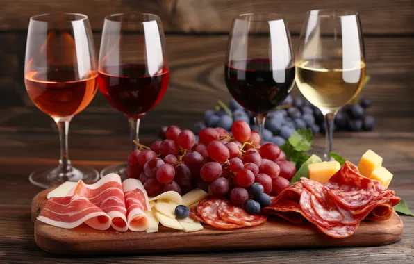 Wine, Board, cheese, glasses, grapes, meat, pieces, sausage