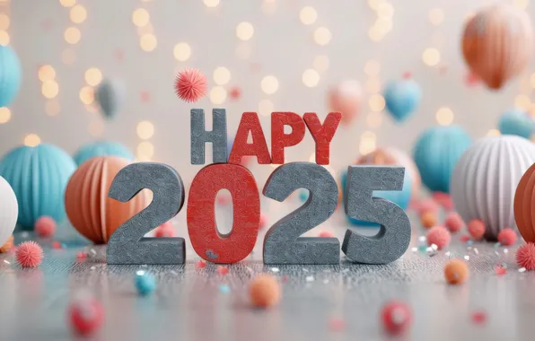 Balls, lights, the inscription, balls, figures, New year, light background, date