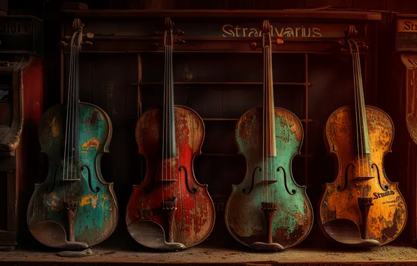 Old, the dark background, violin, musical instruments, shelves, violin, AI art, neural network