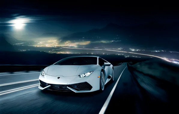 Night, movement, Lamborghini, horizon, white, front, LP 610-4, Huracan