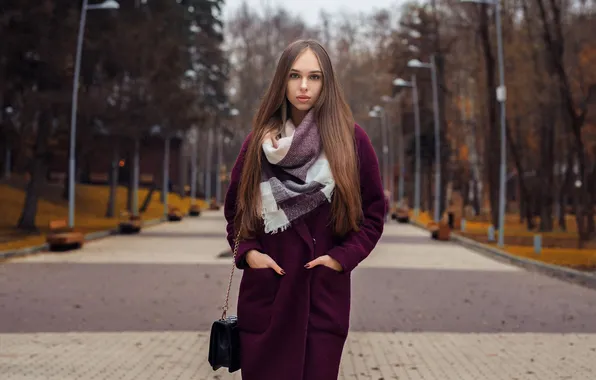 Autumn, look, trees, pose, Park, model, portrait, makeup