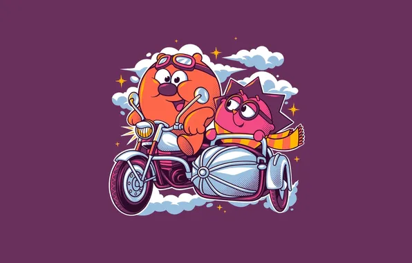 Cartoon, motorcycle, Hedgehog, Smeshariki, Kopatych