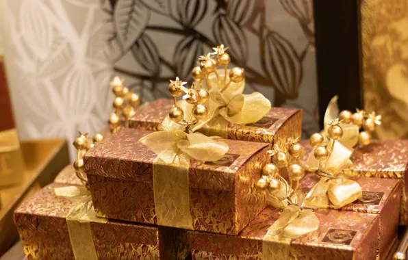 Balls, tape, Shine, Christmas, gifts, New year, gold plated, bows