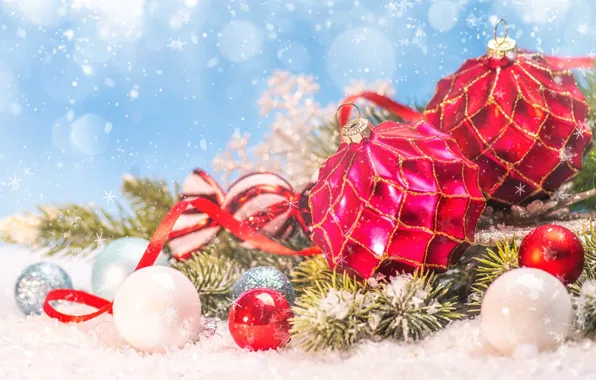 Balls, snow, branches, holiday, Christmas, red, New year, needles