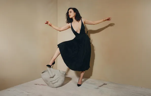 Pose, wall, model, portrait, dress, actress, brunette, photoshoot