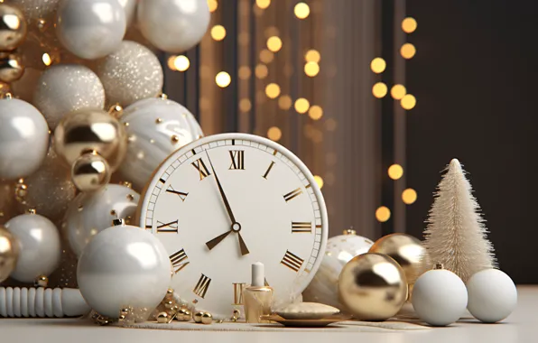 Balls, time, lights, balls, watch, Christmas, New year, dial