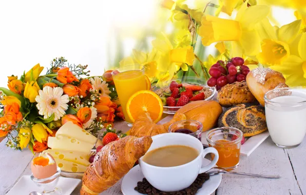 Flowers, table, egg, coffee, orange, bouquet, Breakfast, cheese