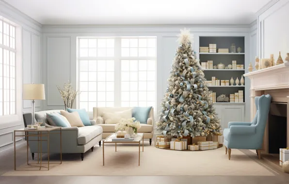 Picture decoration, house, room, sofa, balls, tree, interior, New Year