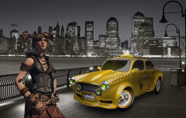Girl, the city, lights, taxi, character, borderlands, Nut.