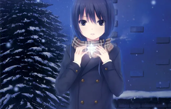 Picture winter, girl, snow, night, spruce, scarf, art, snowflake