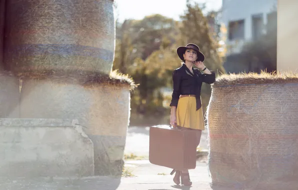 Look, girl, nature, the city, pose, skirt, hat, hay