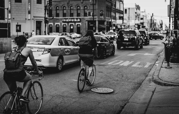 Road, machine, black and white, cyclists, monochrome