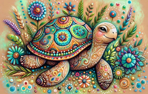 Flowers, turtle, styling, ornament, AI art, neural network