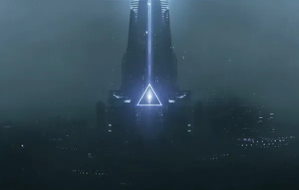 Night, the city, rain, tower, cyberpunk, cyberpunk