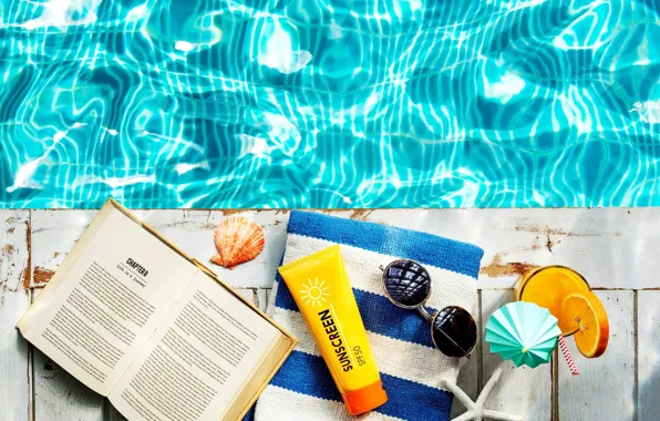 Summer, water, towel, shell, glasses, cocktail, book
