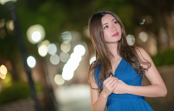 Night, lights, pose, model, portrait, hands, makeup, dress