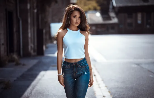 Picture road, the sun, street, model, jeans, makeup, Mike, figure