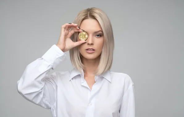 Pose, gesture, pose, cute blonde, cute blonde, light grey background, white blouse, bitcoin