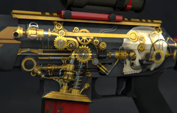 Weapons, gold, design, skull, teeth, figurine, statue, gear