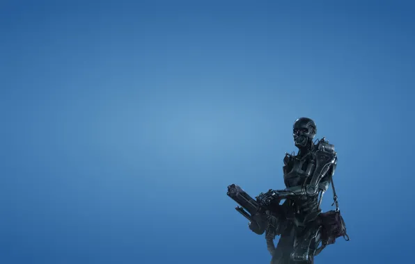 Weapons, robot, minimalism, terminator, skeleton, red eyes, blue background, Terminator