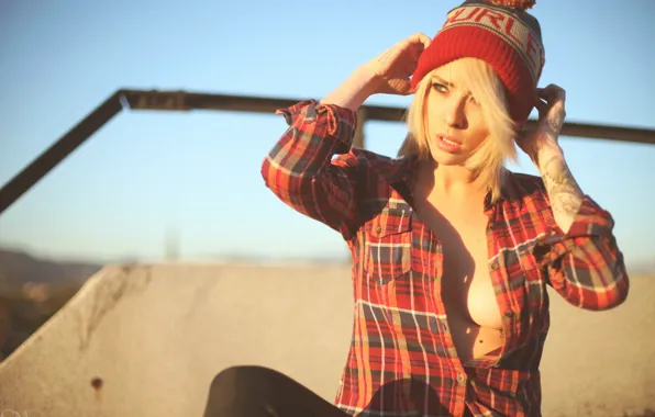 Girl, woman, model, tattoo, cap, blonde, tattoos, female
