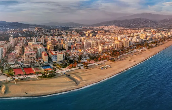 Picture sea, beach, mountains, coast, building, home, panorama, Spain