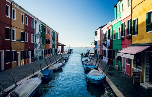 The sky, home, boats, Italy, Venice, channel, Burano island