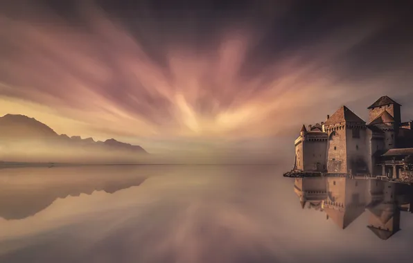 Mountains, fog, lake, reflection, castle, dawn, shore, treatment