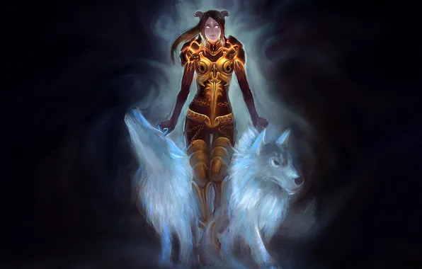 Picture girl, the dark background, art, horns, wolves, armor, chain