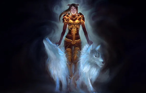 Girl, the dark background, art, horns, wolves, armor, chain