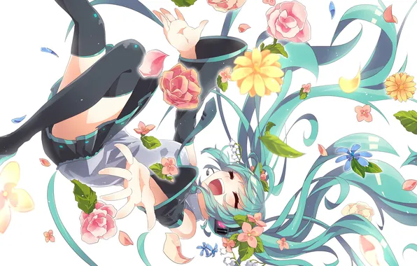 Picture girl, joy, flowers, anime, art, microphone, vocaloid, hatsune miku