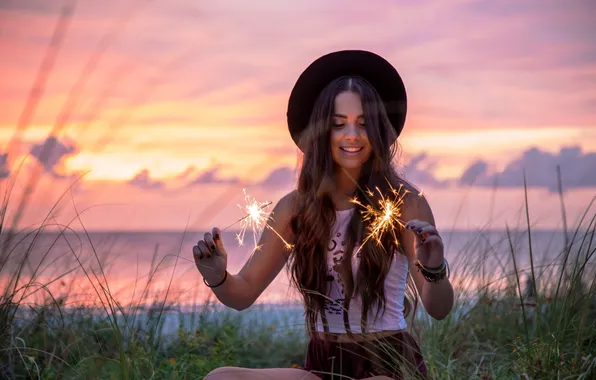 Picture girl, sunset, lights
