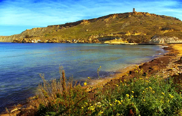Sea, the sky, rocks, tower, Bay, Malta, Malta, Gnejna Bay