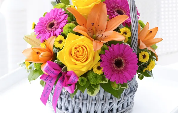 Birthday, basket, Lily, bouquet, Roses, gerbera