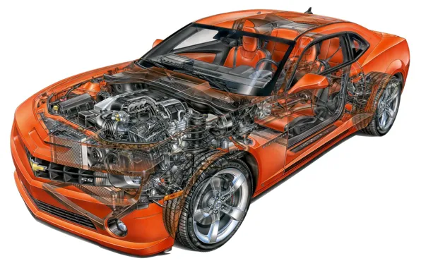Engine, orange, Camaro SS, salon, coupe, 2009