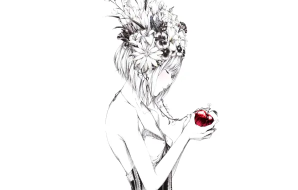 Flowers, figure, Apple, Girl, art, Sawasawa