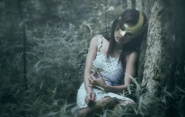 Forest, girl, loneliness, mask