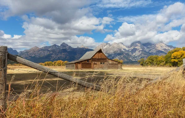 Field, clouds, mountains, house, national Park, Grand Teton