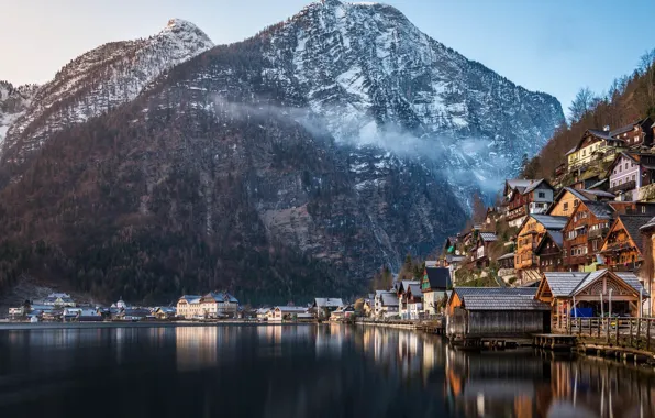 Winter, forest, mountains, nature, lake, home, Austria, Alps