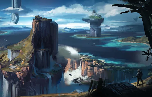 Water, rocks, people, view, facilities, concept art, halo 4, halo spartan