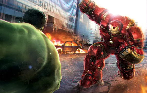 Picture Hulk, iron man, tony stark, Battle, Avengers: Age of Ultron, bruce banner, Hulkbuster