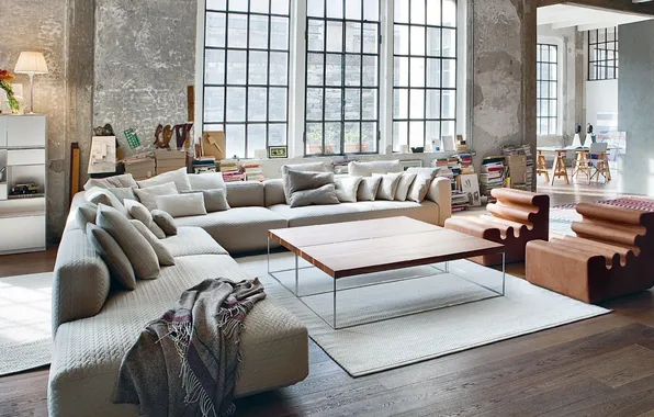 Design, space, living room, upholstered furniture, loft, industrial style