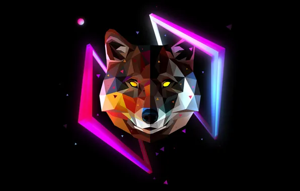 Picture fragments, abstraction, wolf, black background, abstraction, Justin Maller, Justin Muller, glowing squares