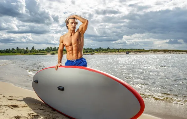 Beach, clouds, surfing, male, Coast, torso, Men, press
