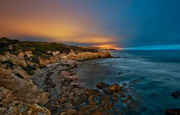 Picture sea, sunset, lights, stones, shore, the evening, twilight