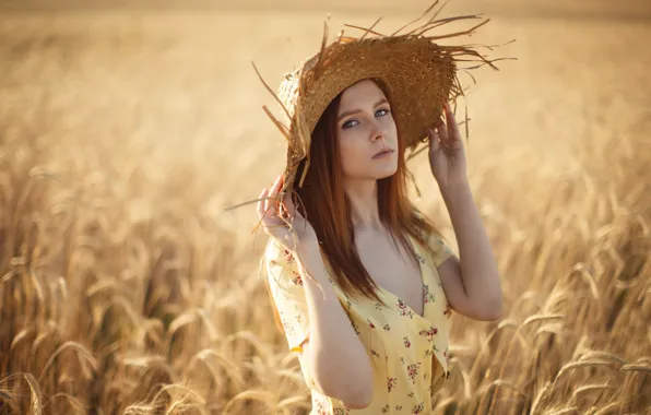 Wheat, Girl, hat, dress, Sergey Sorokin, Daria Kostina