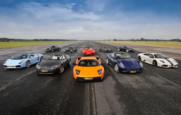 Picture the sky, Ferrari 599, supercars, mixed, Ferrari F430 Spider, Aston Martin DBS, Supercars, Ariel Atom