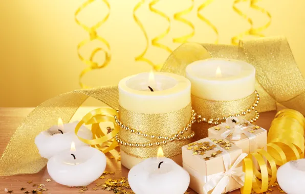 Tape, gold, holiday, candles, gifts, serpentine, stars