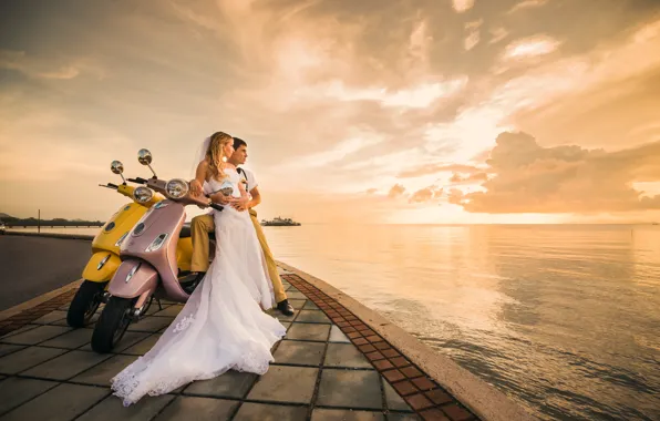 Sea, girl, love, sunset, male, the bride, bridge, dress