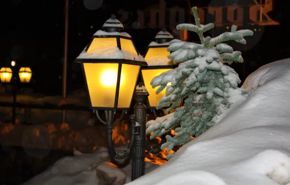 Picture winter, snow, night, Alps, lantern, Canazei